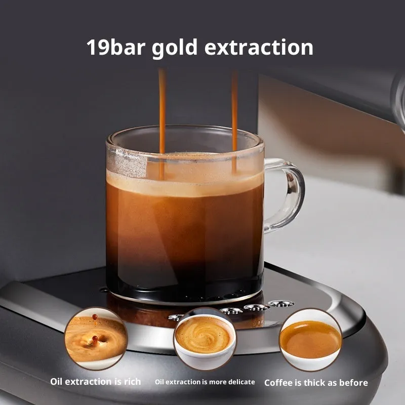 Espresso coffee machine in dark gray with steam wand and control panel on kitchen counter