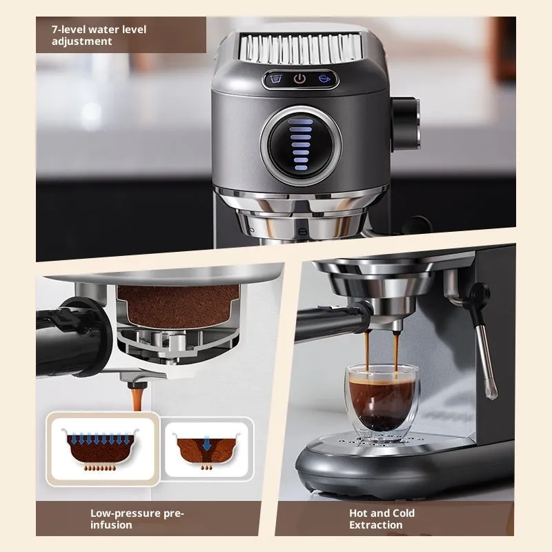 Espresso coffee machine in dark gray with steam wand and control panel on kitchen counter