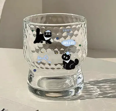 Cartoon 290ml soda lime glass cup with cute blue dog sticker, round shape, single layer, modern simplicity