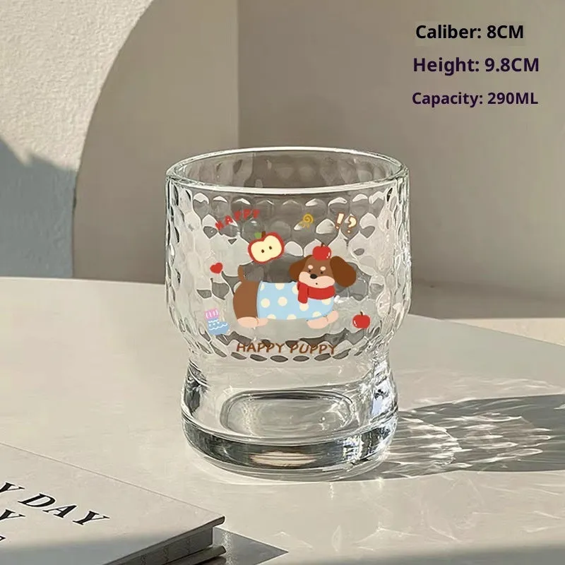 Cartoon 290ml soda lime glass cup with cute blue dog sticker, round shape, single layer, modern simplicity