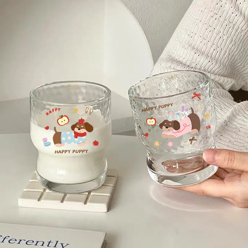 Cartoon 290ml soda lime glass cup with cute blue dog sticker, round shape, single layer, modern simplicity