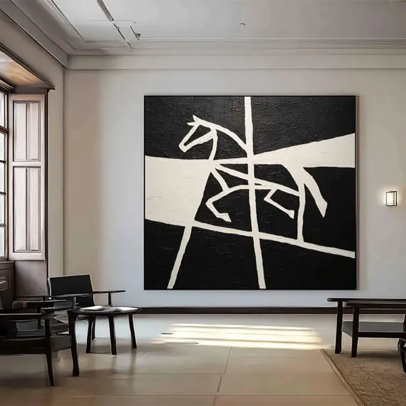 Handmade black and white horse oil painting on square canvas, unframed, for living room wall decor