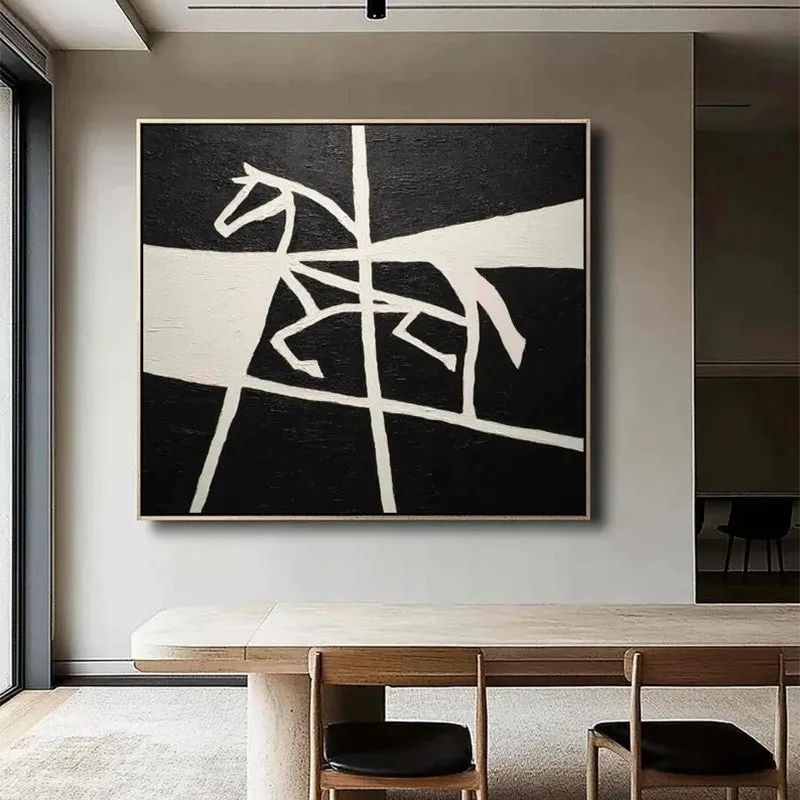 Handmade black and white horse oil painting on square canvas, unframed, for living room wall decor
