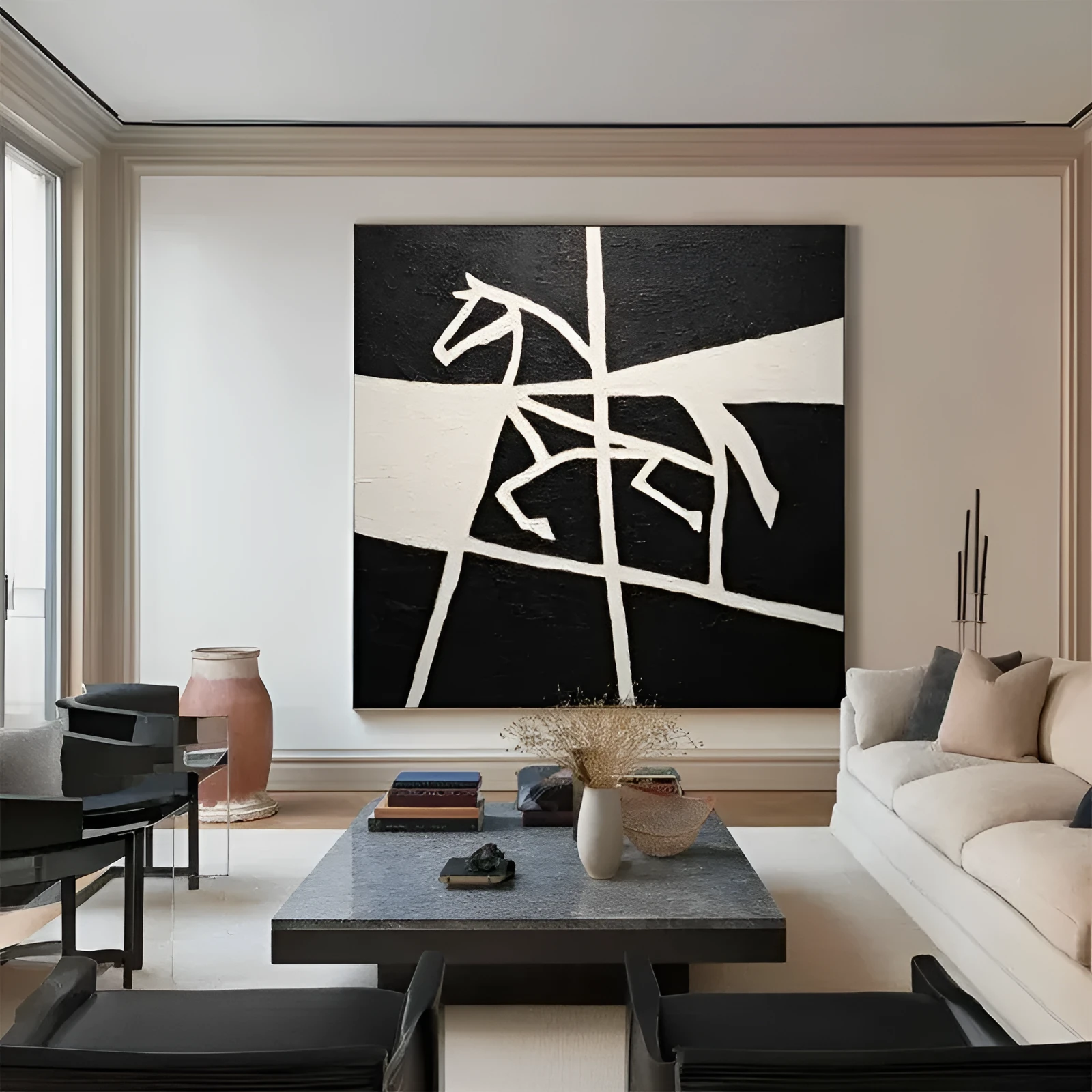 Handmade black and white horse oil painting on square canvas, unframed, for living room wall decor