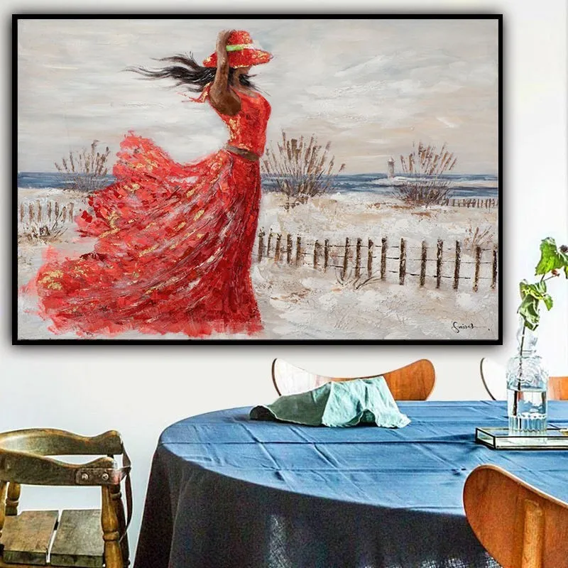 Hand-painted abstract oil painting of a girl in a red dress at the seaside on canvas, modern style, 100x70cm