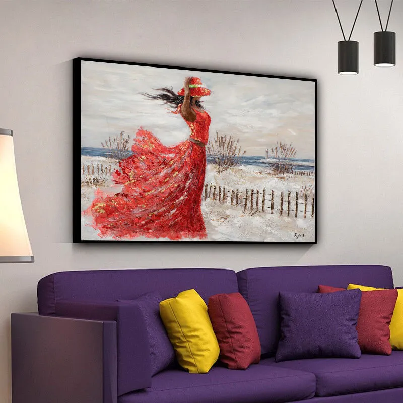Hand-painted abstract oil painting of a girl in a red dress at the seaside on canvas, modern style, 100x70cm
