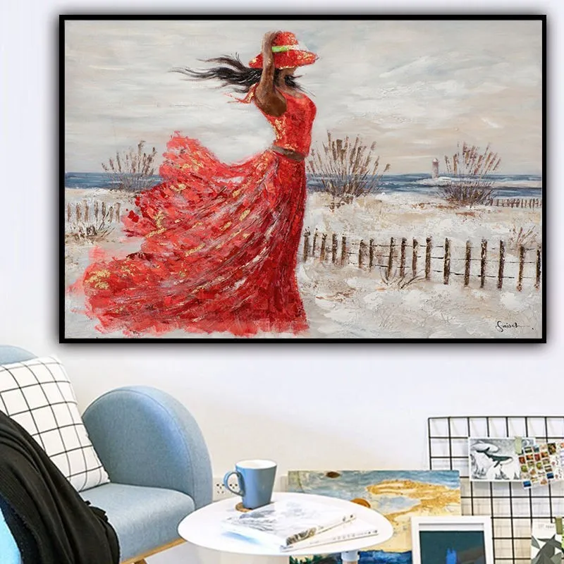Hand-painted abstract oil painting of a girl in a red dress at the seaside on canvas, modern style, 100x70cm