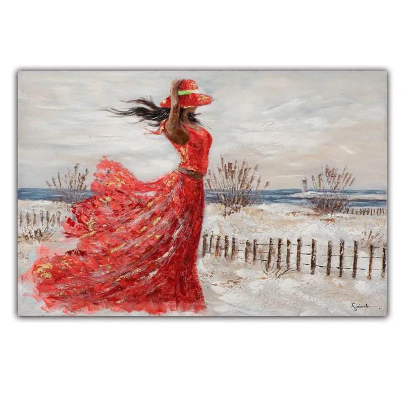 Hand-painted abstract oil painting of a girl in a red dress at the seaside on canvas, modern style, 100x70cm