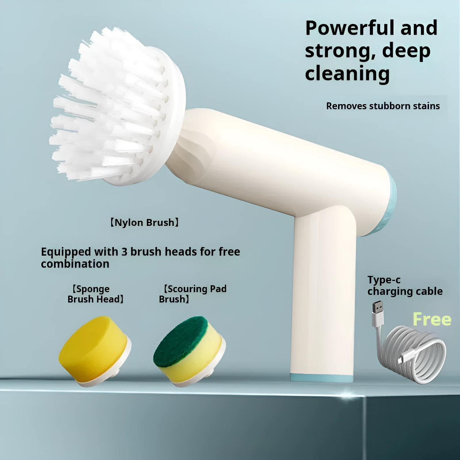 Bangshou electric cleaning brush with three brush heads in white and green colour options