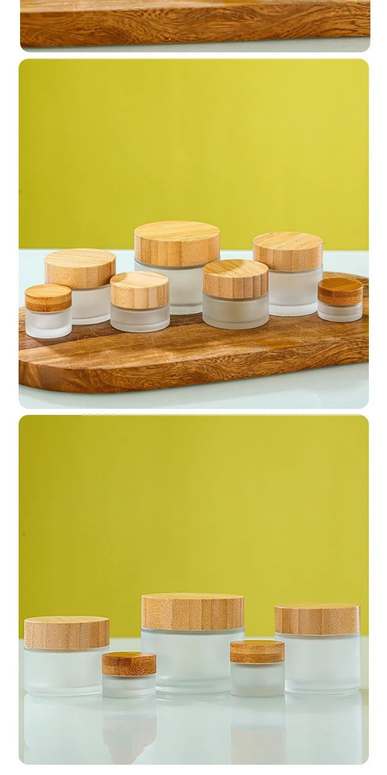 Glass sub-bottle with bamboo wood cover for travel cream in 50g size, transparent finish
