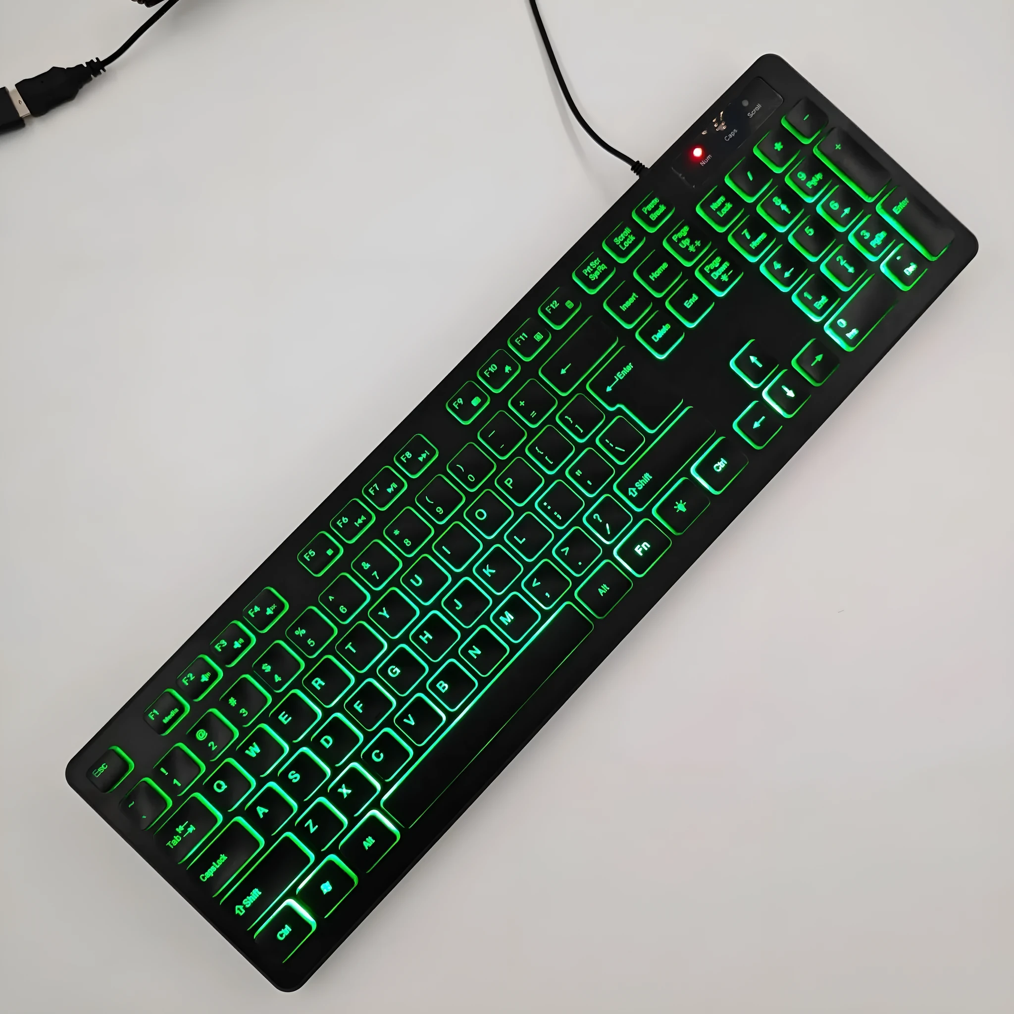 USB wired plastic keyboard with backlight and multilingual key legends in low light