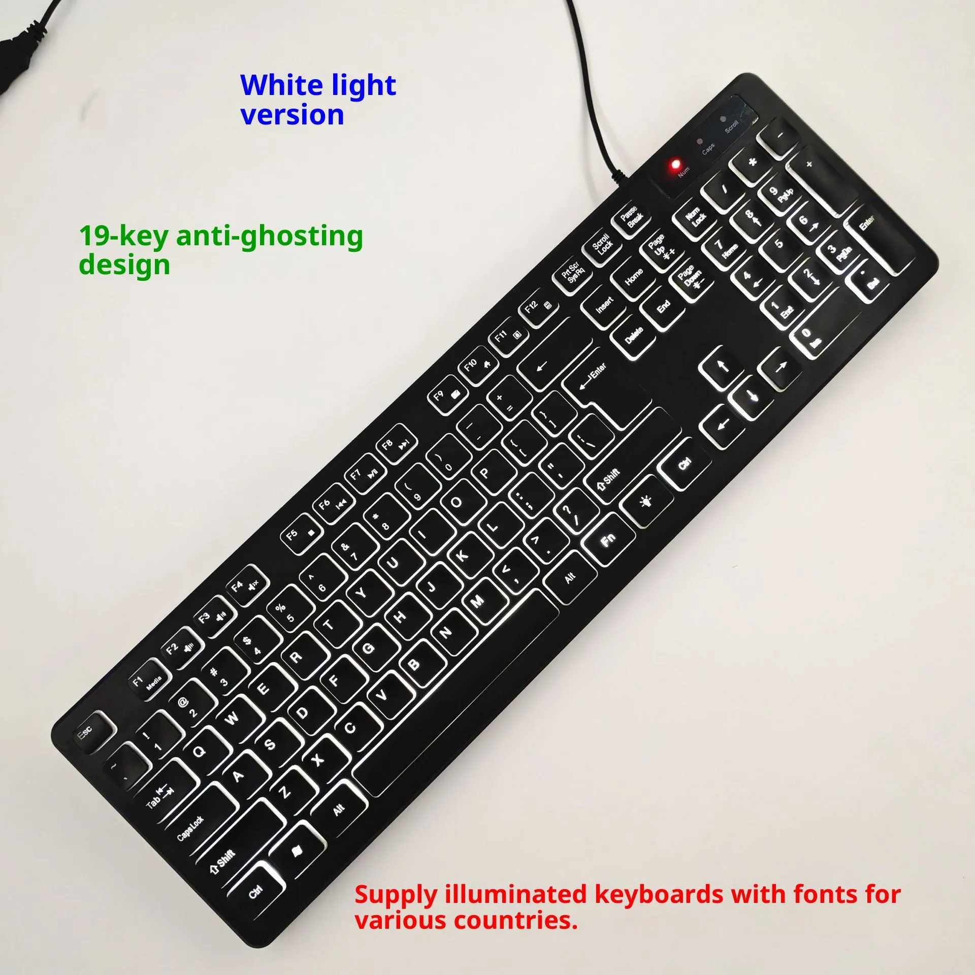 USB wired plastic keyboard with backlight and multilingual key legends in low light