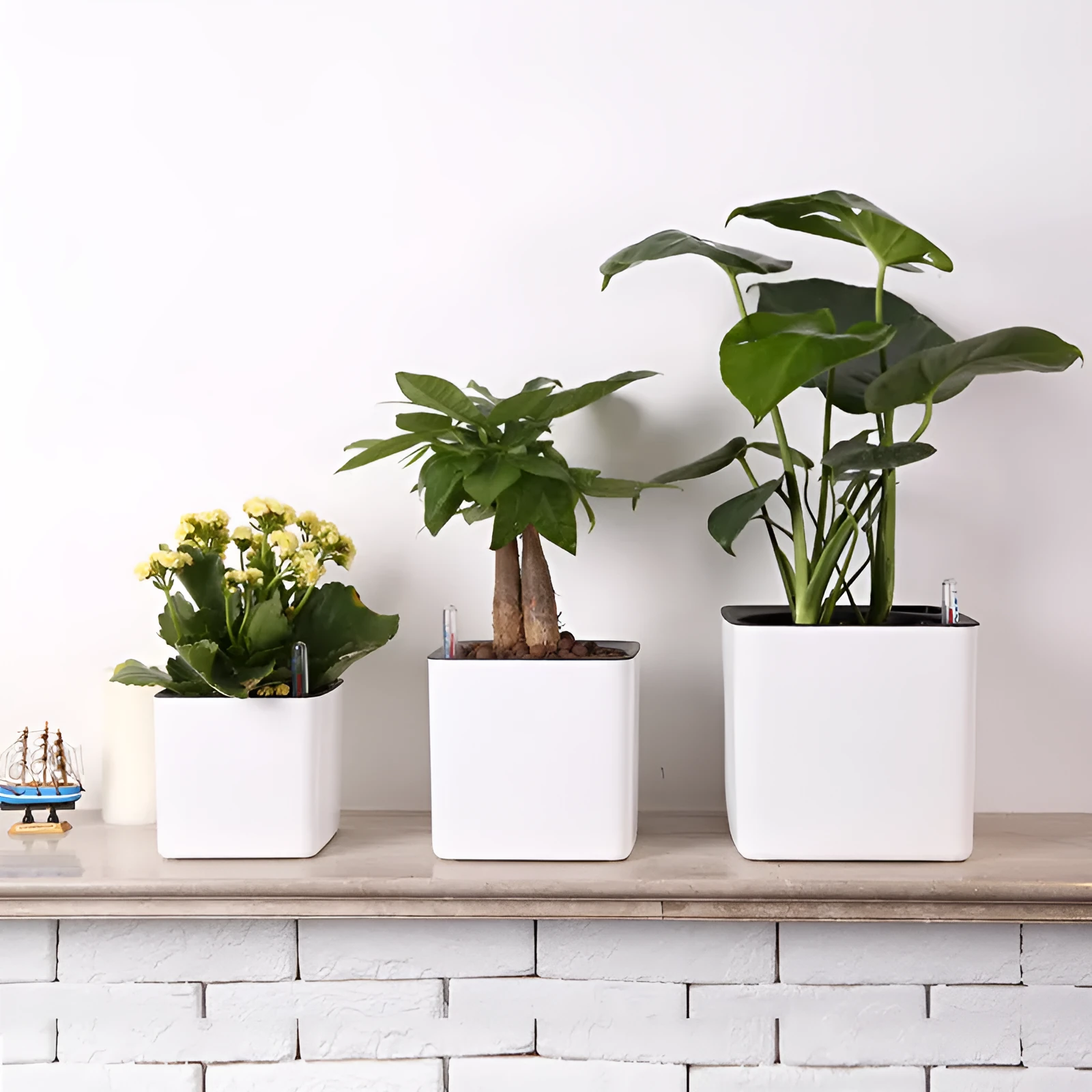 White plastic cube lazy basin flowerpot with automatic water feeding for Scindapsus aureus bonsai, size 14cm