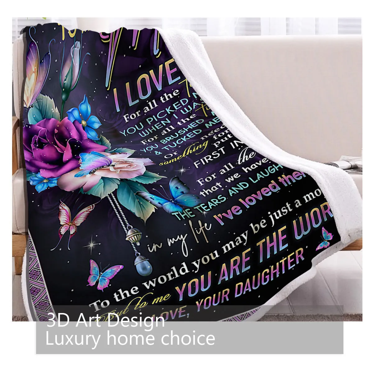 Black lamb wool blanket with butterfly theme on sofa, 150x200cm, Sherpa fleece