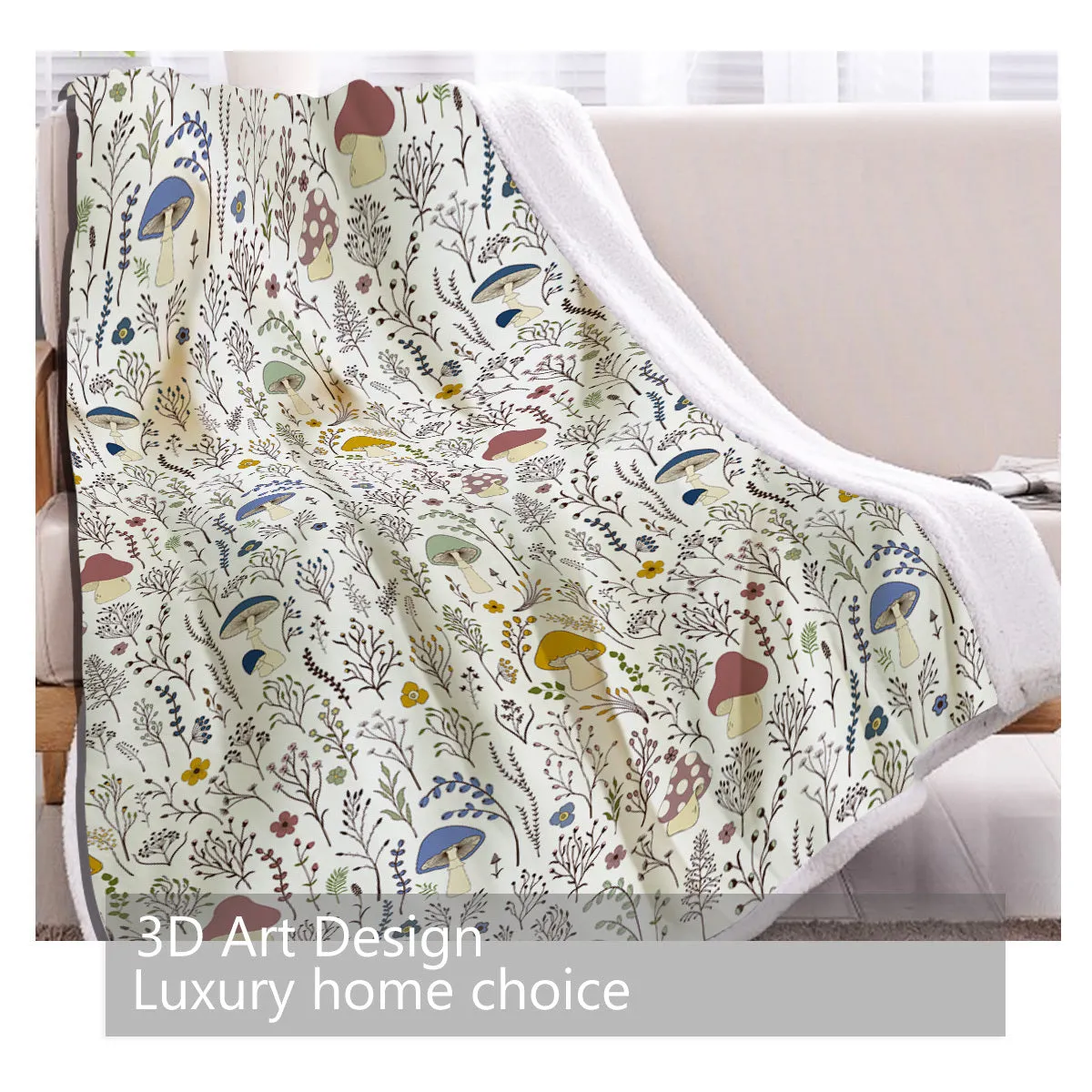 White Sherpa fleece blanket with tree leaf mushroom pattern, sized 130x150cm, on a sofa