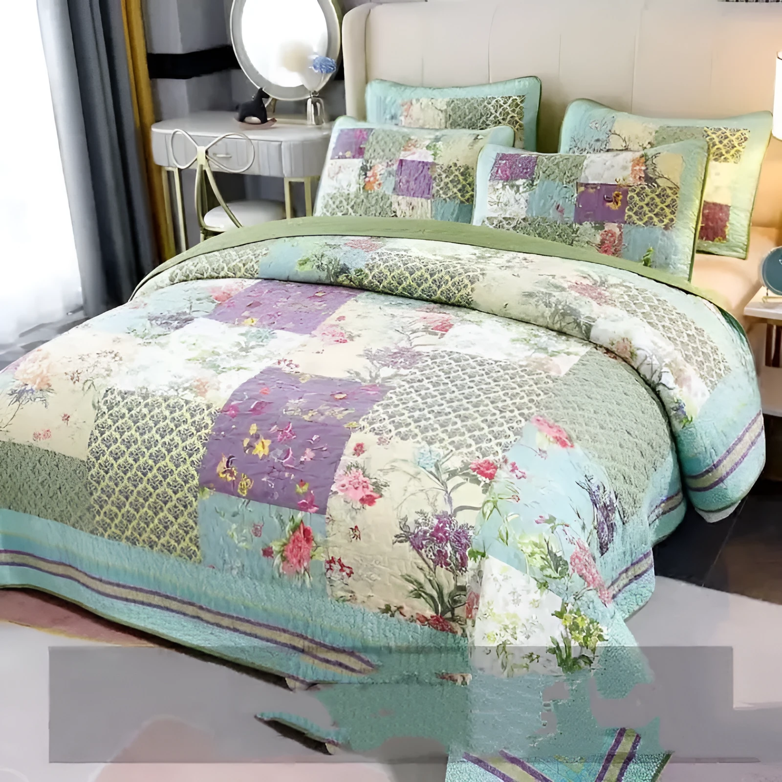 Pure cotton flower-spliced bedding three-piece set on a 2.0m bed with pillowcases