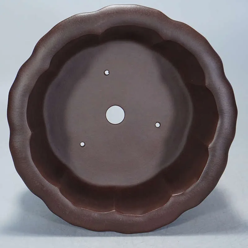 Square purple-red antique Petal Basin flowerpot for bonsai plants on a surface.