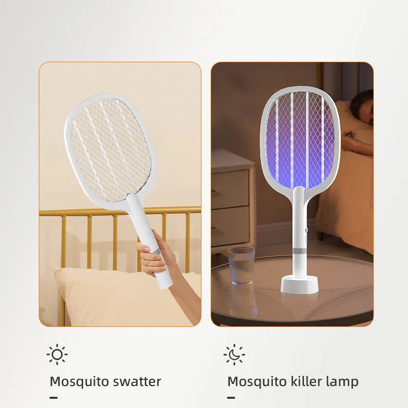 Black rechargeable electric mosquito swatter with an ABS plastic shell on a white background.