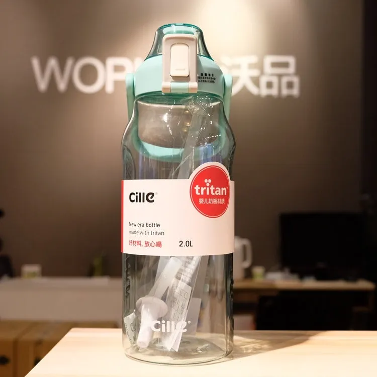 Grey plastic water bottle with black cap and clear straw showing scale markings on the side