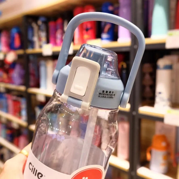 Grey plastic water bottle with black cap and clear straw showing scale markings on the side