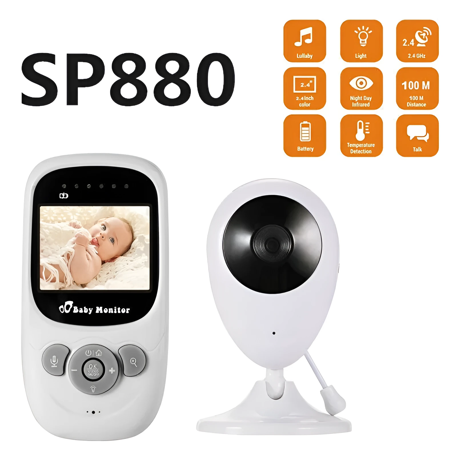 Baby monitor wireless camera with plastic body and US plug adapter on a shelf