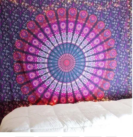 Printed mandala tapestry wall hanging in polyester with green, orange, purple colour options and multiple sizes up to 200x150cm