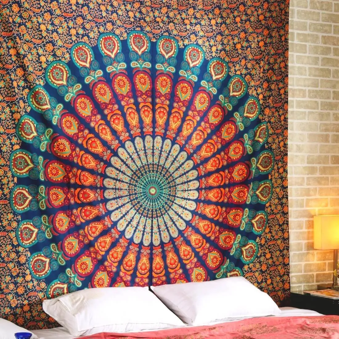 Printed mandala tapestry wall hanging in polyester with green, orange, purple colour options and multiple sizes up to 200x150cm