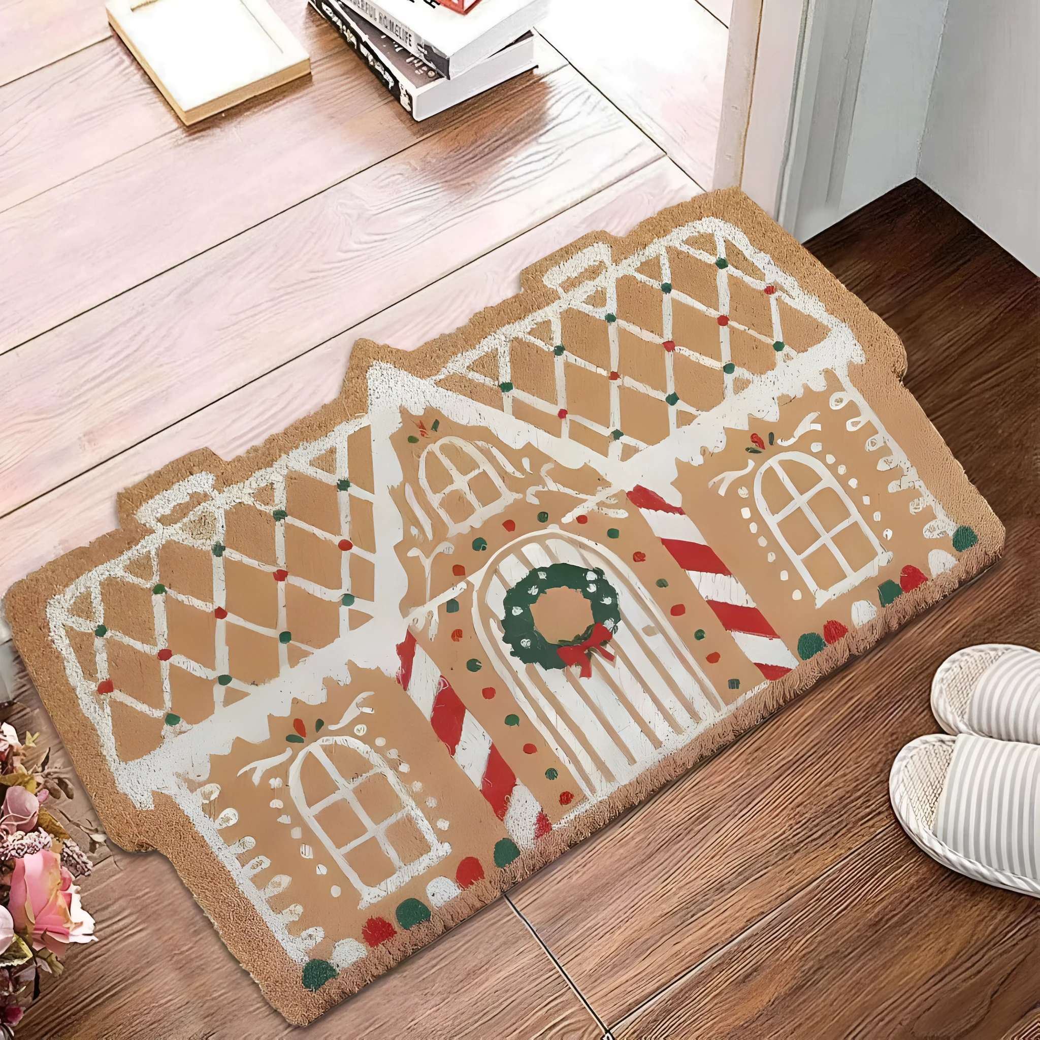 Christmas hallway mat with irregular shape and festive printed designs including Santa Claus pattern