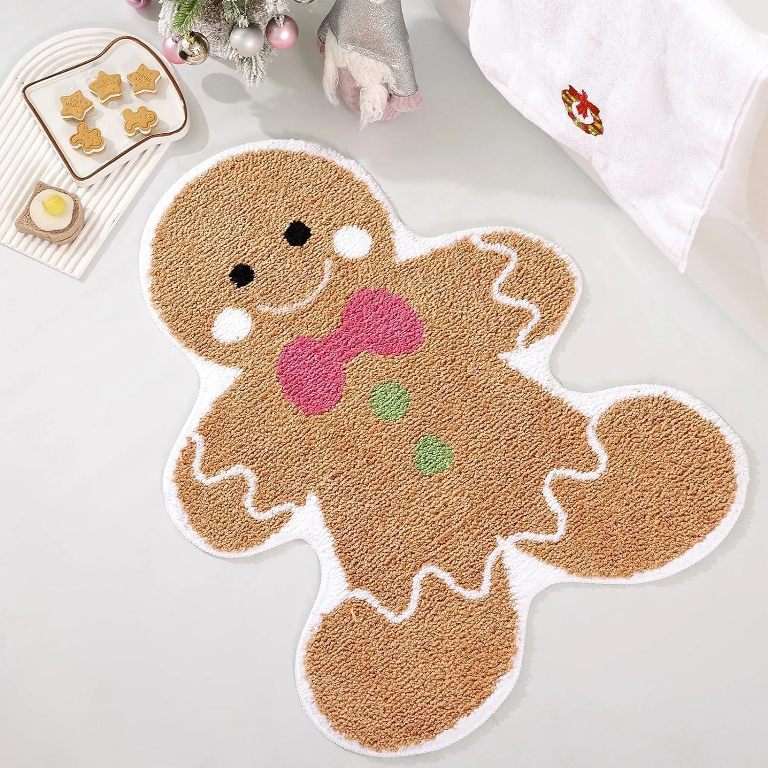 Christmas hallway mat with irregular shape and festive printed designs including Santa Claus pattern
