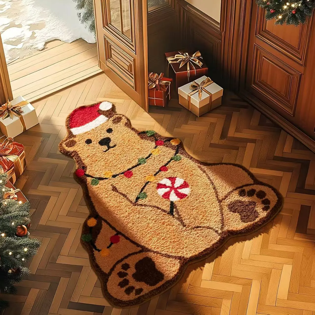Christmas hallway mat with irregular shape and festive printed designs including Santa Claus pattern