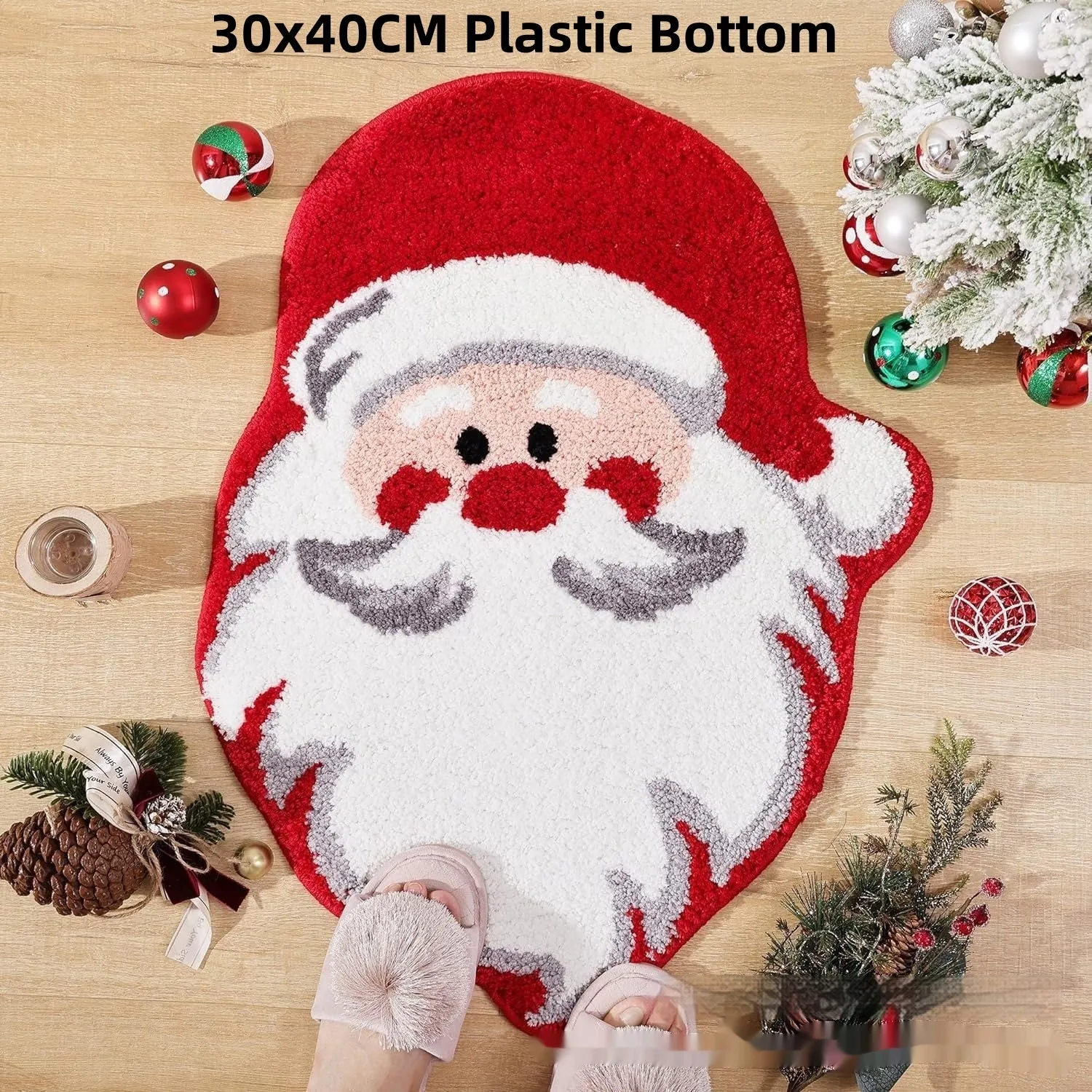 Christmas hallway mat with irregular shape and festive printed designs including Santa Claus pattern