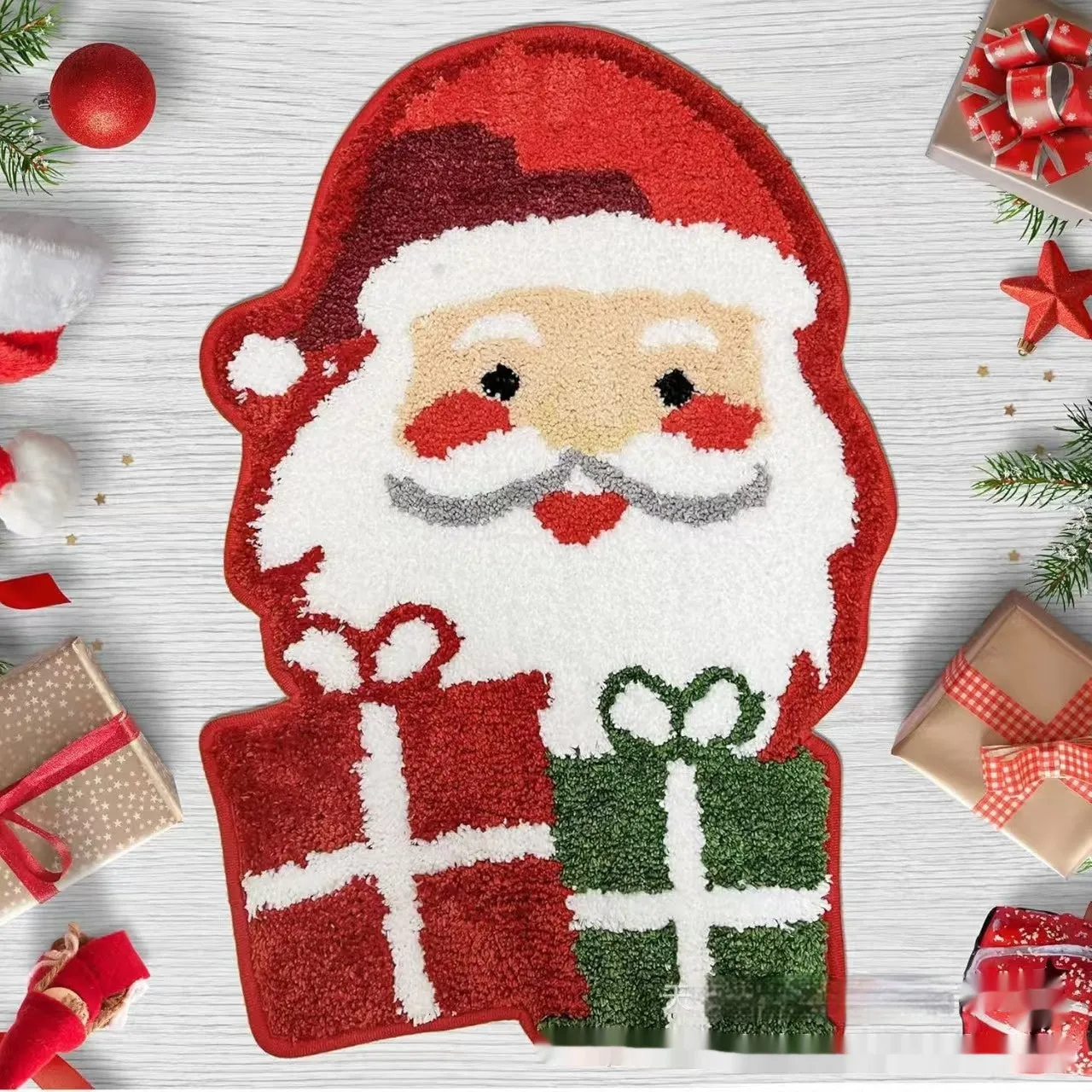 Christmas hallway mat with irregular shape and festive printed designs including Santa Claus pattern
