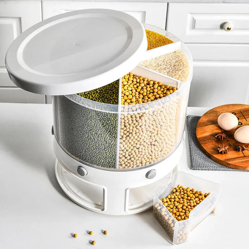 Transparent plastic rotatable food storage box with lid, 23.2 x 29cm, filled with rice