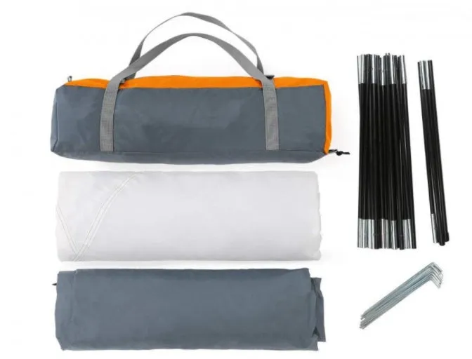Orange portable camping tent for 2 persons set up outdoors with fibreglass poles and 190T B3 grid fabric