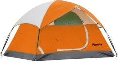 Orange portable camping tent for 2 persons set up outdoors with fibreglass poles and 190T B3 grid fabric