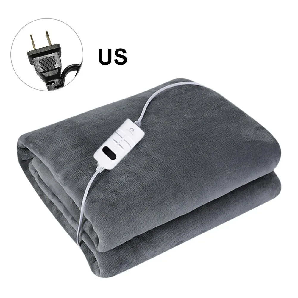 Grey tweed electric heating blanket on a bed, showing simple solid colour design