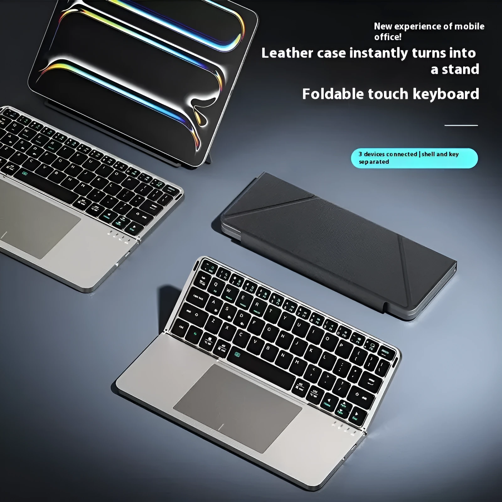 Grey wireless Bluetooth folding keyboard for mobile phones and tablets
