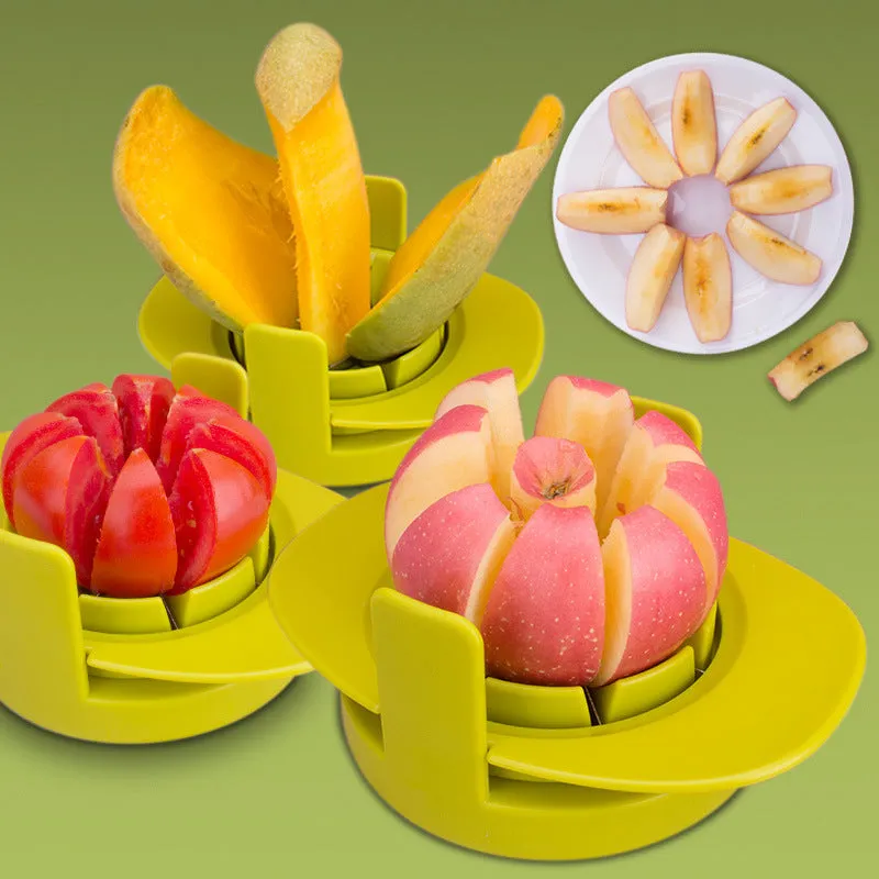 Green fruit slicer with three cutting sections for apple, tomato, and mango on a base
