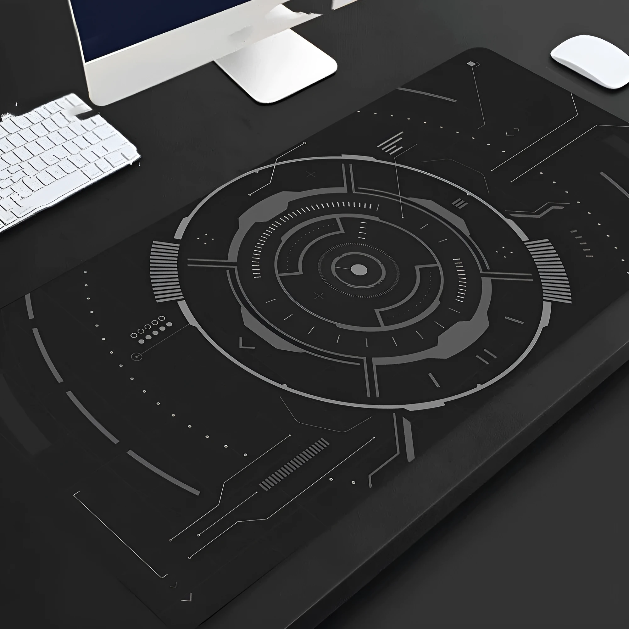 Full black extended extra long rubber mouse pad on desk for gaming and office use