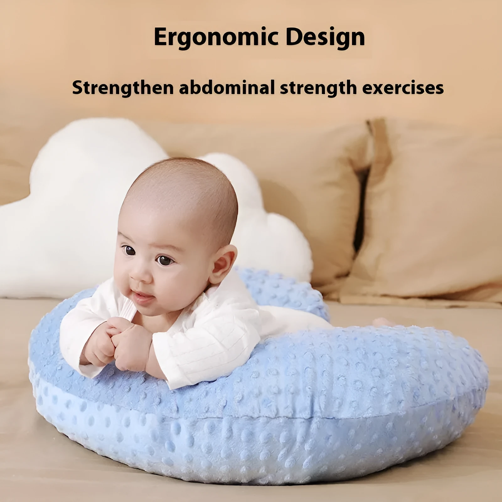 Grey nursing pillow for breastfeeding with removable cover on a neutral background