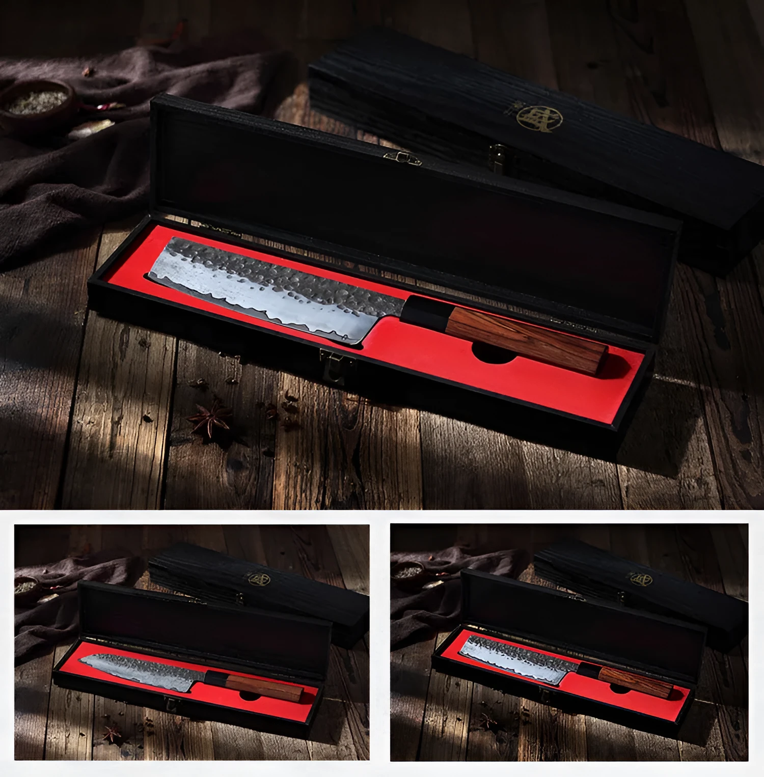 Hand forged Santoku chef knife with 149 cm silver blade on cutting board