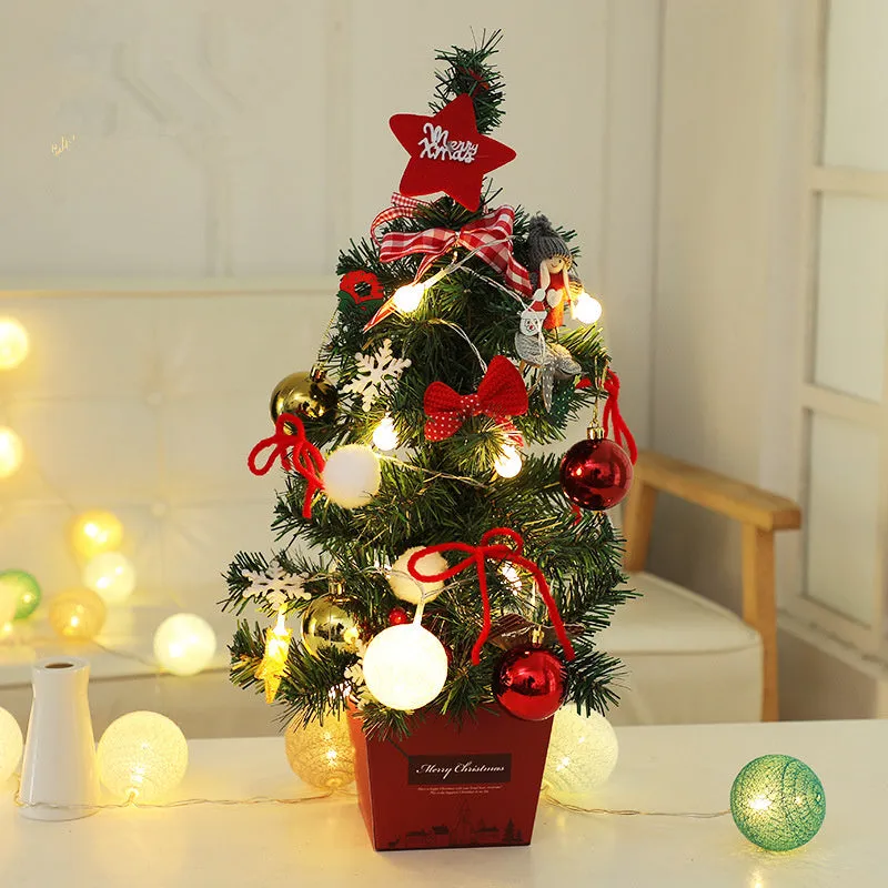 50cm gold miniature Christmas tree with LED lights and elf dolls on office desk