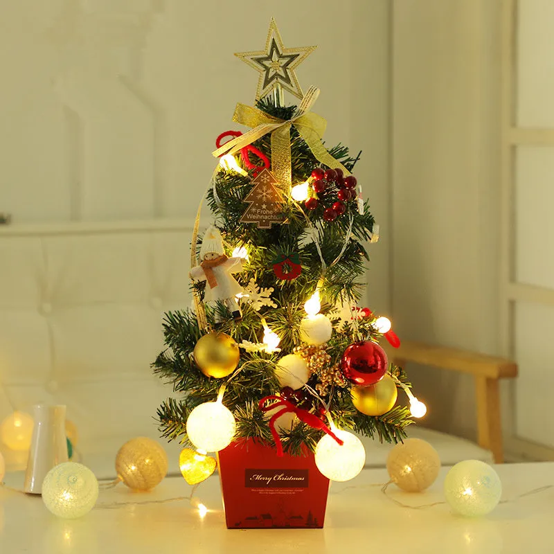 50cm gold miniature Christmas tree with LED lights and elf dolls on office desk