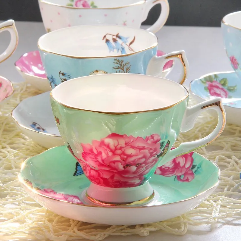 Porcelain coffee cup with saucer in European pastoral style with floral decoration