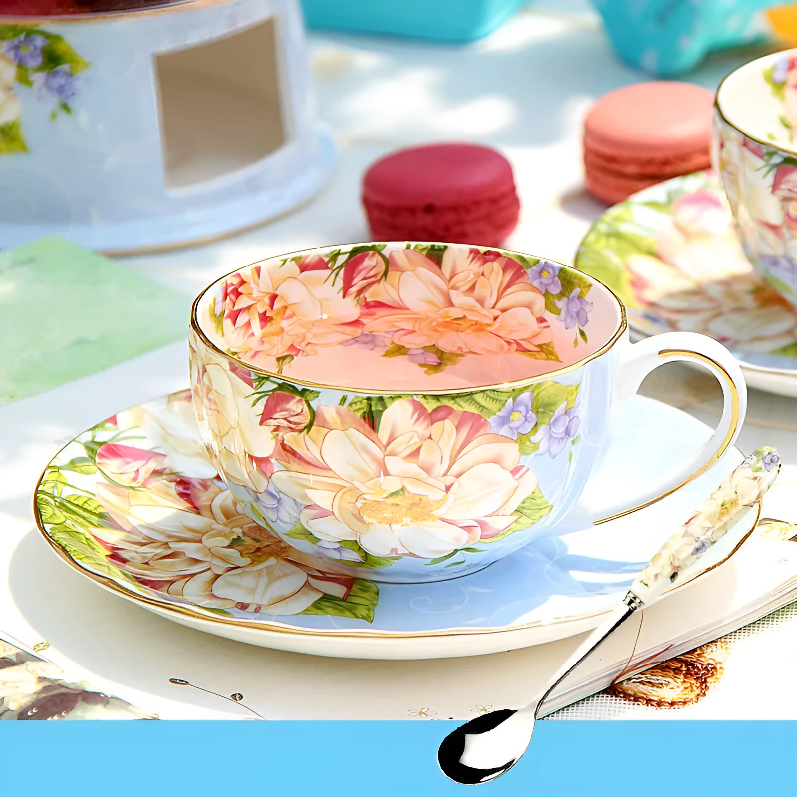 Porcelain coffee cup with saucer in European pastoral style with floral decoration