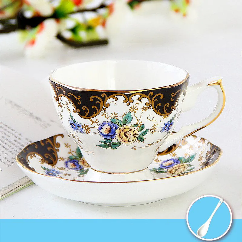Porcelain coffee cup with saucer in European pastoral style with floral decoration