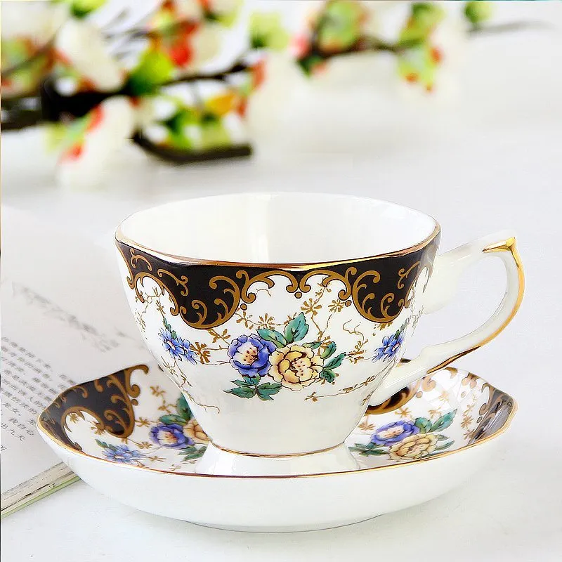 Porcelain coffee cup with saucer in European pastoral style with floral decoration