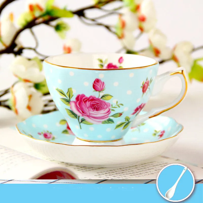 Porcelain coffee cup with saucer in European pastoral style with floral decoration