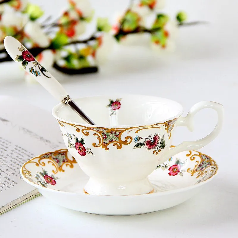 Porcelain coffee cup with saucer in European pastoral style with floral decoration