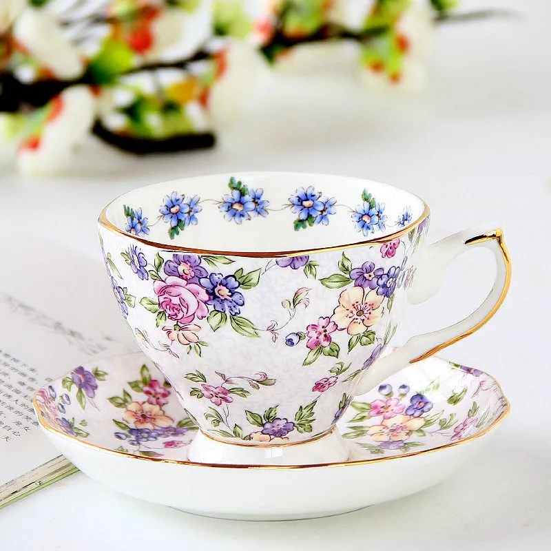 Porcelain coffee cup with saucer in European pastoral style with floral decoration